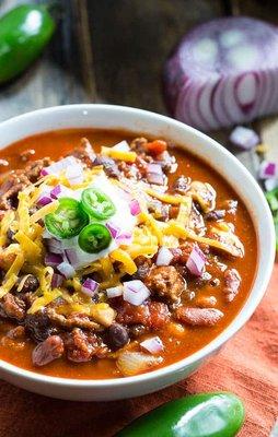 Beef Chili (kidney, cannellini and black beans.  Spice is owners own blend and is GF