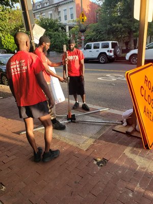 Setting up road closures for installation at Metropolitan Wesley A.M.E. Zion Church