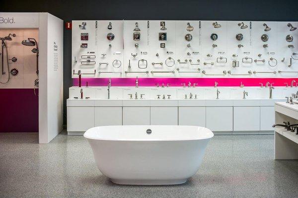 Hundreds of faucets, showers, sinks, bath tubs, and toilets on display at our Wool Kitchen and Bath store.