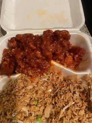 General tso chicken and shrimp fried rice.