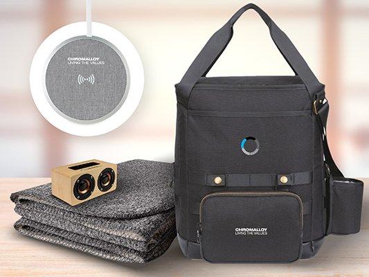 Sales incentive kit we created for Chromalloy. Included branded bluetooth speaker, wireless charger, blanket and cooler.