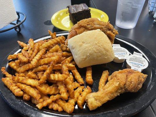 2 piece fried chicken, seasoned fries, chocolate cake