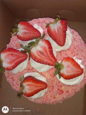 Strawberry Shortcake Crunch Cake w/Strawberry Cake and Fresh Strawberry Filling.