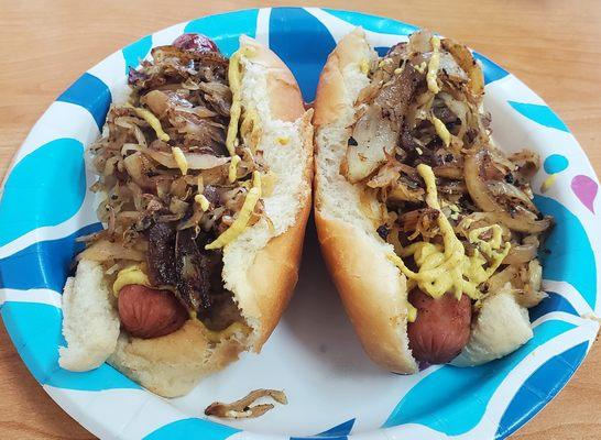 Hot dogs grilled onions and kraut, get this.