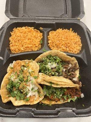 Taco Trio D#17. Chicken, Chorizo, and Steak. All Mexican style (cilantro/onion). Both sides are rice instead of beans.