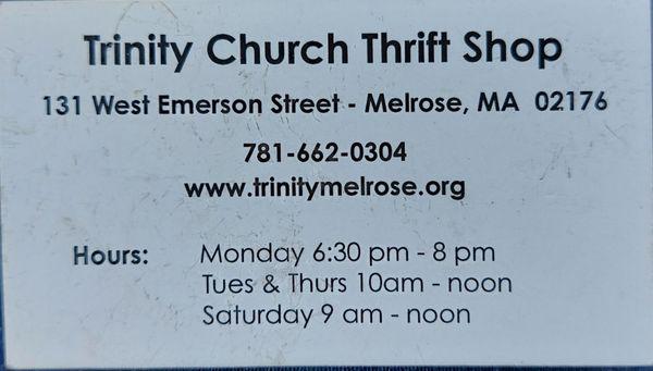 Hours for Trinity Church Thrift Shop