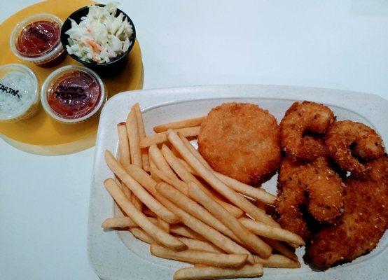 Captain's dinner - cod, shrimp, lobster mac 'n cheese cake, cole slaw, and fries