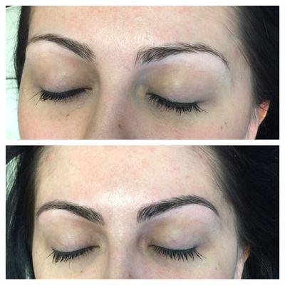 Before and after of microblading done by Shannon Stryker.