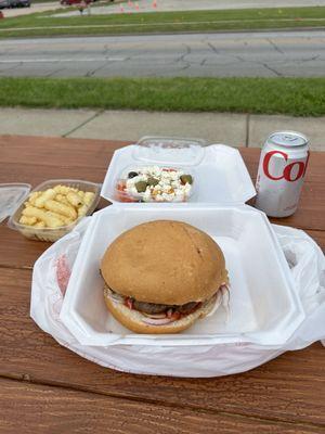 Balkan Burger Traditional style with fries and Greek salad.