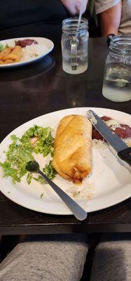 Salad and rice were quickly eaten. Stuffed chicken burrito was bit dry. Would get tender and flavorful beef instead next time.