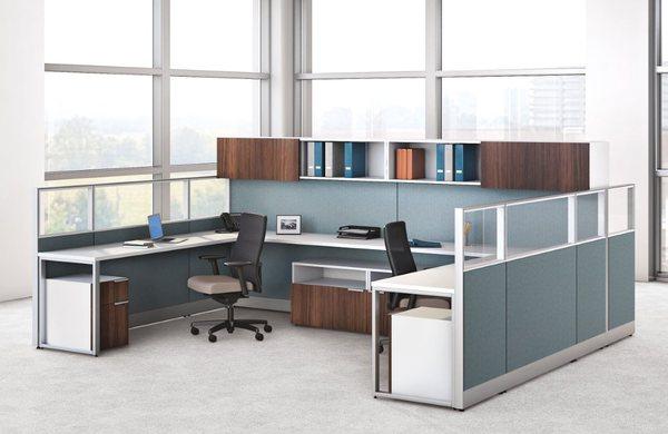 Open Concept Cubicle Workstations with Overhead Storage and Ergonomic Task Chairs