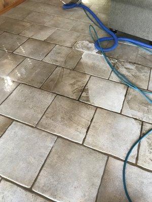 This tile looked clean until our solution started doing its work!