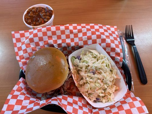 Brisket sandwich, coleslaw and baked beans