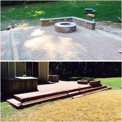 Custom Multilevel Patio with a custom cut blue stone cap on both the sitting wall and fire pit!