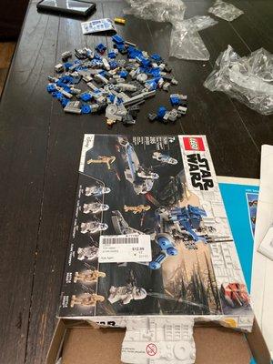 Missing majority of the pieces! No characters were in there either. Fortunately customer service was awesome and refunded us!