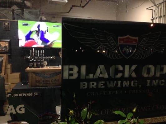 Looking through the front window into the combined brewing and tasting area