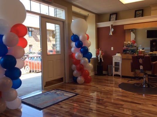 Classic barber poles, albeit in balloons as Westchester Barber Shop celebrates its latest remodeling.  You won't find a nicer barber shop!