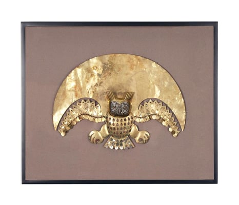 GK Framing has the honor of framing a world renowned collection of Precolumbian Art and Objects. Pictured here, a decorative brass owl frame