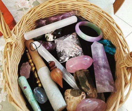 Basket of crystals gathered after client session