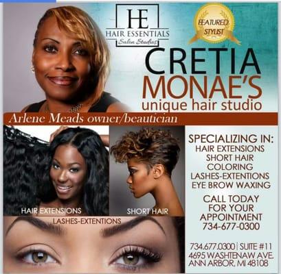 Cretia Monae's Unique Hair Designs Located inside of Hair Essentials Salon Studios