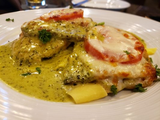 My son's Chicken Genovese, chicken breast, fried eggplant, fresh tomato with a creamy pesto sauce served on pappardelle.