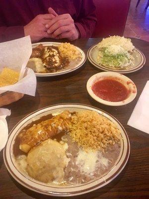 (bottom) Cheese enchilada, chile relleno with rice and beans.  (top) El Rancho Special. LOVE their salsa!