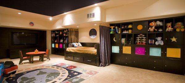 Bedroom re-do: fully customized wall units and day bed. Room for toys, books, drawings, and dreams. A UFM Designs Imaginarium.