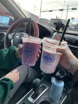 Triple Berry smoothie (left) and Strawberry smoothie (right)