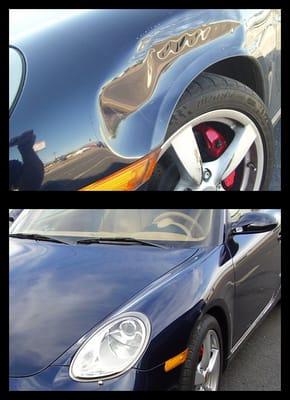 before and after shot of a left front fender panel