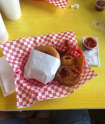 Joe's burger with onion rings.