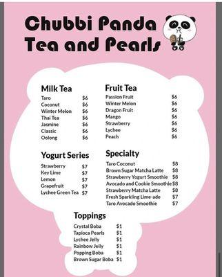 Menu for milk tea, fruit tea yogurt drinks, and more!