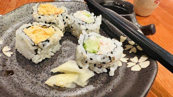 Spicy crab roll and California roll