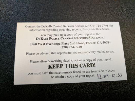 DeKalb County Police Department incident report info card.