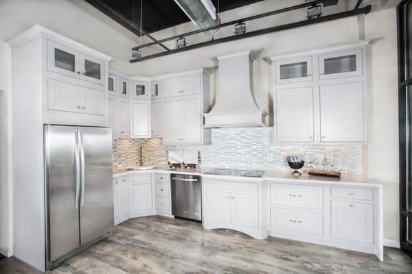 Our Showroom working kitchen with beautiful Wellborn Estate Series Cabinets with inset doors all in Dove Grey with Cambria Countertop!