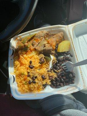 Yellow rice, steak and black beans