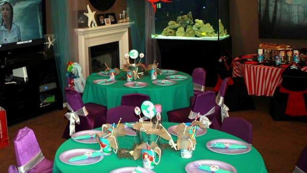 little mermaid, ariel, princess theme birthday party table set up decoration ideas, centerpieces, supplies,  kids chair covers,