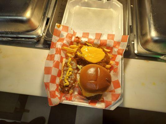 Cheese burger, coney Hot Dog and Chili Cheese Fries