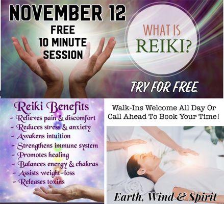 BACK BY POPULAR DEMAND FREE REIKI THURSDAY! NOVEMBER 12 FREE 10 MINUTEWalk-Ins Welcome All Day Or Call Ahead To Schedule Your Time!