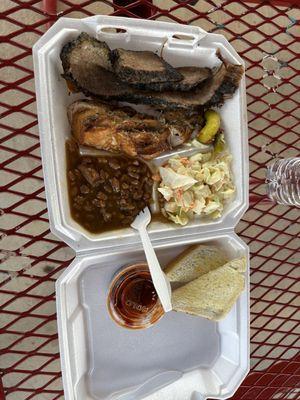 Brisket/smoked chicken w/ coleslaw and baked beans.