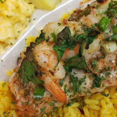 Salmon topped with shrimp