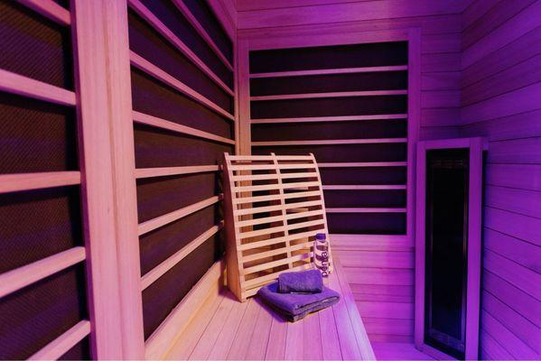 Private infrared sauna sessions, large enough to accommodate two people