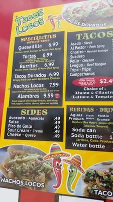 Tacos Locos menu (as of July 2016)