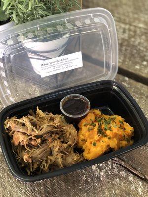 The KY Bourbon Pulled Pork with smashed sweet potatoes. Sauce is awesome!