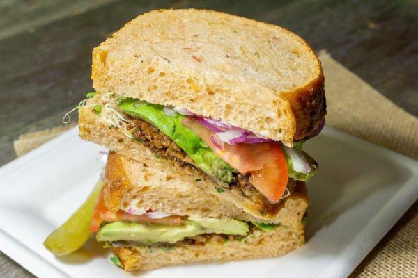 Tempeh, Lettuce, Tomato, Avocado, and Sprouts.  Mouth watering goodness!