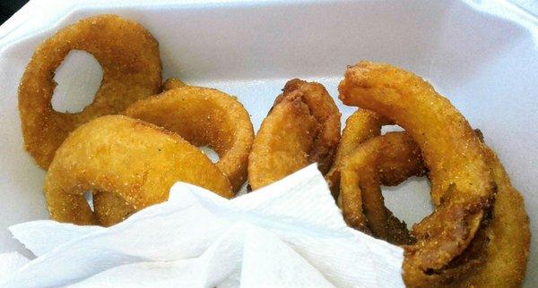 Onion rings -- overcooked, oversalted, from a bag. One was just an empty shell..Hard pass.