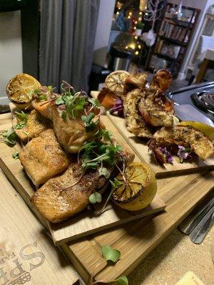 Seared Salmon and Garlic herb lobster tails