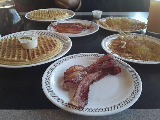 Waffles, bacon, hashbrowns, and Arnold Palmer beverage