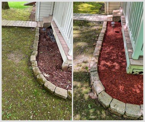 Pressure washed bricks, hand reset level, weeded, added new mulch