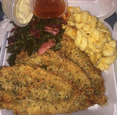 3pc. fried whiting with collards and baked mac