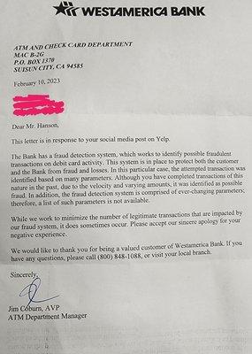 Letter saying the very same thing I'm complaining about. No real answer to my problem, just a crappy letter, no solutions.